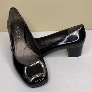 Franco Sarto Black Patent Leather Low Block Heel Pumps with Silver Accent